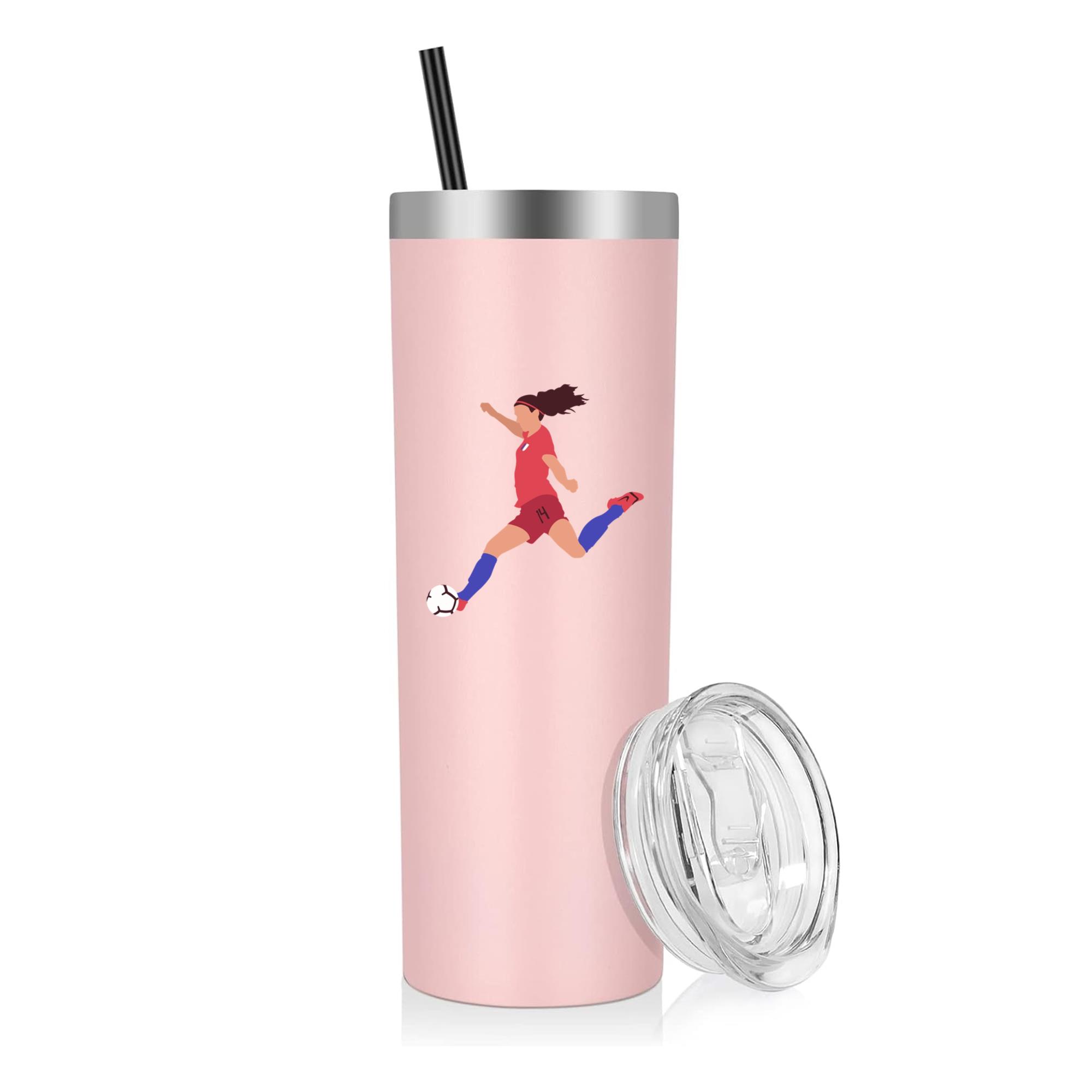 Woman Soccer Player Kicking Football Flat 20oz Stainless Steel Tumbler